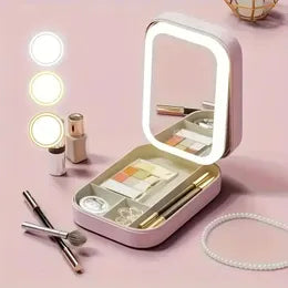 Portable Folding Lighted Makeup Mirror - Rechargeable LED, Tabletop Vanity Mirror,